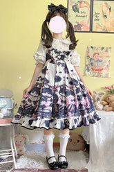 Robe Jsk Lolita douce à imprimé vache-chat multicolore avec volants et nœud papillon